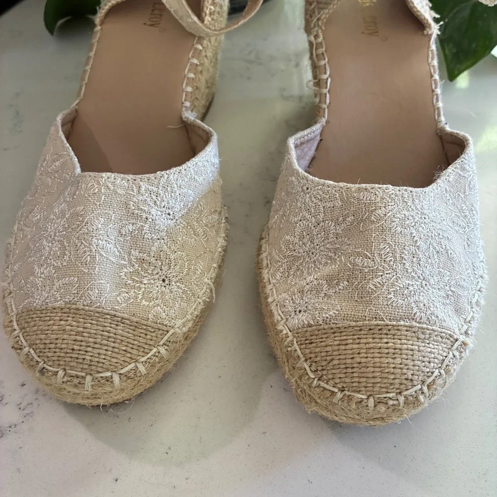 Alexis Leroy Espadrille Wedges 9 Floral Embroidered Cottage Boho Coastal Wedding